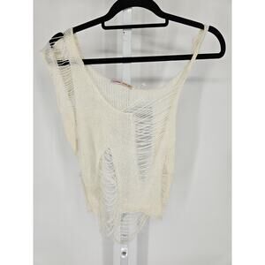Vtg Y2K Womens Sz L 36.5 Degrees Distressed Destroyed Frayed Tank Top Cream Knit